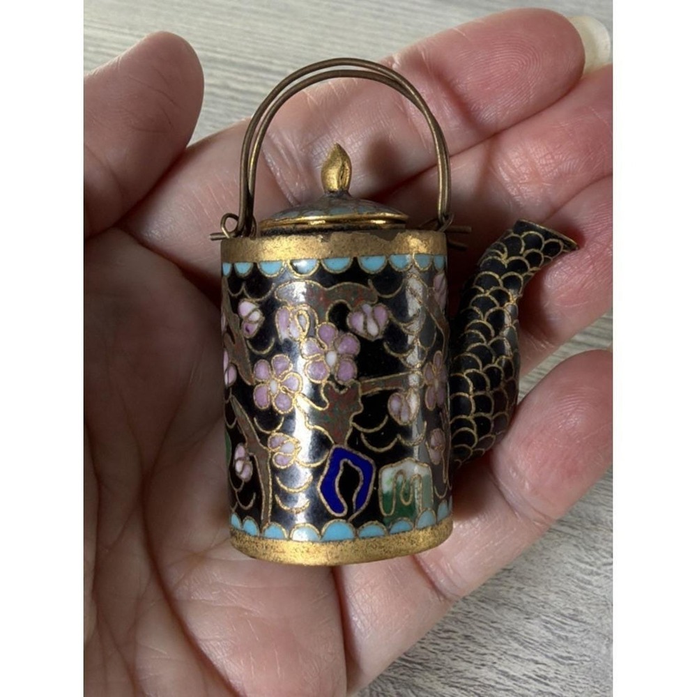 Vtg Chinese Cloisonne Brass & Enamel Miniature Teapot Coffee Pot Mini Dollhouse